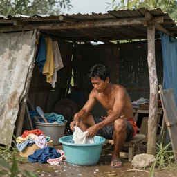 a concept art illustration, filipino man sitting washing clothes on a pail, inside a makeshift shack, hyper realistic, photorealistic, art by wlop, artstation, cgsociety, ultra sharp, digital painting