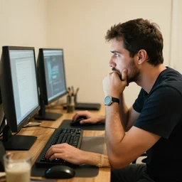 A man sitting in front of his pc, very full from dinner, candid shot