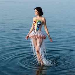 a woman wearing a jellyfish dress rising up from the water by anny leibovitz, greg rutkowski, paolo roversi, ( ( ( mucha ) ) ) ( ( ( iris van herpen ) ) )