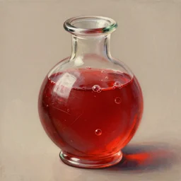 a beautiful painting illustration of a health potion, red liquid, scratched glass, bubbles, crimson, by greg rutkowski, featured on artstation, rpg item