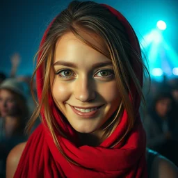 a ultra high resolution close - up of a beautiful young woman standing in crowd of psytrance music festival, looking down at the camera. her face is partially obscured by a red scarf, and she has a smiling expression. the light is dim, and the colours are muted. kodak etkar 1 0 0.