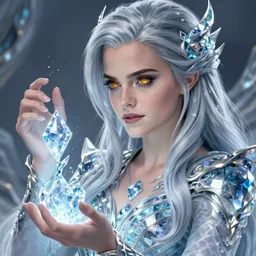 Emma Watson as a ice magician, crystal maiden from dota 2, sci-fi, amber eyes, face, long hair, fantasy, intricate, elegant, highly detailed, digital painting, artstation, concept art, smooth, sharp focus, illustration, art by artgerm and greg rutkowski and alphonse mucha
