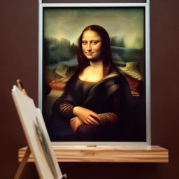 the mona lisa sitting behind the background of the painting she features in sitting on a stool as a seperate person in the foreground paints the famous painting