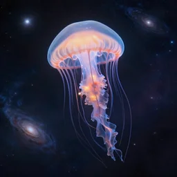 photo realistic outer space jelly fish floating among galaxies