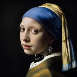 portrait of a cyberpunk character, ( ( ( art by johannes vermeer ) ) ), cybernetic implant, award winning, masterpiece, intricate, dramatic light, detailed face, highly detailed, asymmetrical, dark