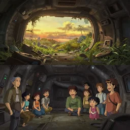 a stylized 2 d cinematic keyframe of a post - apocalyptic spaceship interior at dawn covered by nature, debris, abandoned, joy gaze, cel - shaded, classical animation, edge - to - edge print, rendered by studio ghibli, artgerm, alyssa monks, andreas rocha, david kassan, neil blevins, rule of thirds, golden ratio, ambient lighting, art