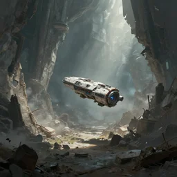 a small spaceship floating through enormous alien ruins, art by Max Hay, digital art, environmental concept art, sci-fi, trending on Artstation