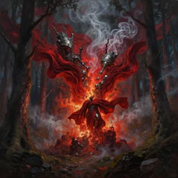 magical matte forest exploding over the mountains, chiaroscuro, red fabric, metalic parts, transparent smoke from hell bruce pennington, donato giancola, larry elmore, oil on canvas, masterpiece, trending on artstation, featured on pixiv, cinematic composition, dramatic pose, beautiful lighting, sharp, details, hyper - detailed, hd, hdr, 4 k, 8