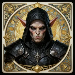 head-on symmetrical centered painted portrait, Warcraft goblin assassin, black leather armour, art nouveau, tarot card style, fantasy, intricate, elegant, highly detailed, smooth, sharp focus, illustration, artstation, in the style of Artgerm and Anna Podedworna and Alex Ross and Mucha