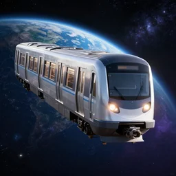 3 d render subway train floating in cosmos, r 6 2 a train, earth orbit in the background, hyperrealism, ultra detailed, front view, unreal engine 5, octane render, 8 k wallpaper