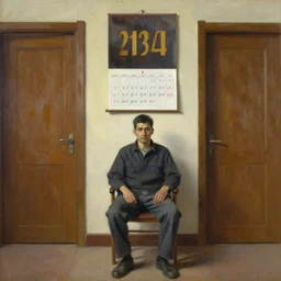 oil painting of a man sitting in a chair below a calendar, an open door on each side