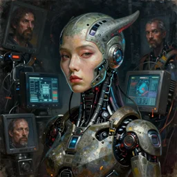 cinematic bust portrait of a Japanese female cyberpunk cyborg, head and chest only, exotic alien features, grunge, grime, tech-noir, low-key, glowing lights, robot parts, computer monitors, Tim Hildebrandt, Wayne Barlowe, Bruce Pennington, donato giancola, larry elmore, oil on canvas, masterpiece, trending on artstation, featured on pixiv, cinematic composition, dramatic pose, beautiful lighting, sharp, details, hyper-detailed, HD, HDR, 4K, 8K