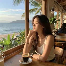 a thin, pretty young Filipino woman sits near the window of a cute seaside Cafe with an espresso, golden morning light, cozy, tropical plants, still from Spirited Away