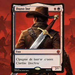 Fantasy digital art for magic the gathering card, a close-up shot of a sword with a gun as the hilt currently across the back of a cowboy, red in the background with images of battle all around