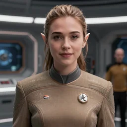 4K video of young attractive high-fantasy elf (played by Scarlett Johansson) in a Starfleet uniform in Star Trek, scene where she is on Deep Space Nine, photorealistic, soft light, cinematic lighting, sharp, camera