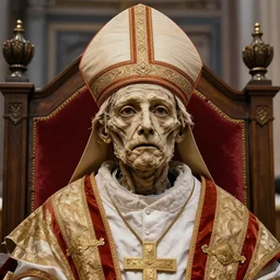 mummified pope in his throne at the vatican, desiccated, close - up portrait, mitre, hyper realistic, sharp focus, highly detailed