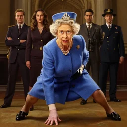 epic professional digital art of queen elizabeth ii in three point superhero landing pose with hand on ground and legs in wide stance, ambient light, painted, heroic, royal, detailed,, leesha hannigan, wayne haag, reyna rochin, ignacio fernandez rios, best on artstation, cgsociety, epic, stunning, gorgeous, much wow, cinematic