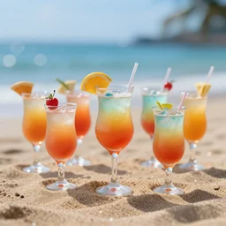 5 5 mm photo of best cocktail on beach sand. dof. bokeh. magical atmosphere. art by greg rutkowski. highly detailed 8 k. intricate. lifelike. soft light. nikon d 8 5 0.