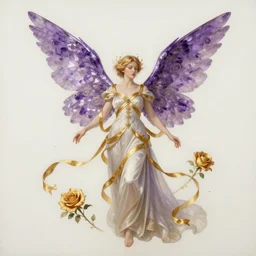 breathtaking detailed soft painting of a fairy bride with fire amethyst wings and golden ribbons, art nouveau golden rose flowers floating around the gondor, rembrandt style, hyper detailed fire stained glass windows, volumetric lighting, concept art, matte, sharp focus by Tom Bagshaw, Anato Finnstark and Greg Rutkowski