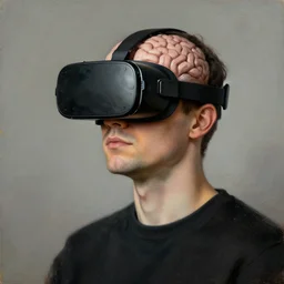 man wearing vr - brain - interface. painted by hieronymus bosch, digital art.