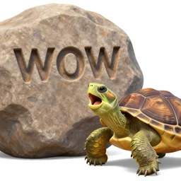 a large turtle saying with its mouth open next to a large rock with the word wow carved into it by android jones