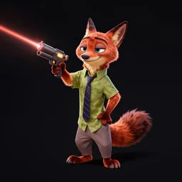 “ animal character in the style of zootopia holding laser gun, floating alone, with a black dark background, digital art, award winning, trending on art station, retro style ”