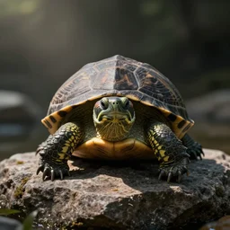 a smug, unnamused turtle, sitting by a rock by android jones