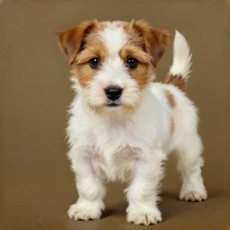 a high quality painting of a very cute scruffy wire haired jack russell terrier puppy, white with chocolate brown spots, brown patches over both eyes. friendly, curious expression. painting by alphonse mucha
