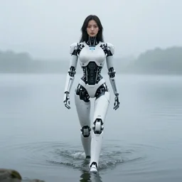 beautiful centered photo portrait of hoyeon jung as a solarpunk robotic humanoid with white mechanical parts with bright halogen lights, walking through calm lake water, ultra - realistic and detailed, foggy background, soft focus, slow exposure hdr 8 k