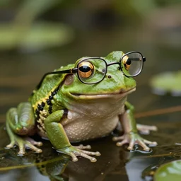 a realistic frog wearing glasses, pond, spectacles, atmospheric