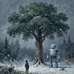 a painting depicting a robot in a forest in a winter storm, a large tree on top of the tree, a person in the foreground looking up, the tree on the