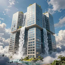 huge gargantuan angular building by escher and ricardo bofill. utopian landscape by roger dean. magical realism, surrealism, waterfalls, clouds, trending on artstation, shot from below, epic scale
