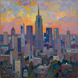 inner city skyline at sunset by jeffrey smith, ( monet ), cubism, 3 d depth, oil on canvas, trending art station, masterpiece