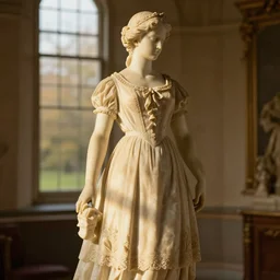 aerith gainsborough in cottagecore dress as a marble statue, ultra detailed, golden hour, indoors, f 1. 4, 4 0 0 0 k