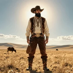 bearded cowboy, standing alone, asian steppe in background, persian folkore illustration