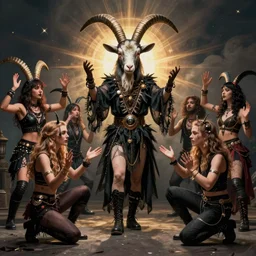 Several diverse millennial hipsters performing a Satanic ritual before a satanic goat person, in the style of Corporate Memphis, Alegria style, Buck Studios artwork, gradients, simple, minimalist, medium shot