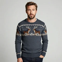 Ryan Gosling in an old sweater with a deer pattern stands against the background of a Persian carpet by the bed photo Polaroid, realistic proportions, soft light, soft colors