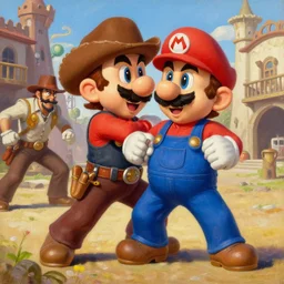 waluigi from the mario series dressed as a cowboy fighting outlaws in a town, cinematic still frame oil painting, high detailed painting, greatly illustrated, photo - realistic painting )
