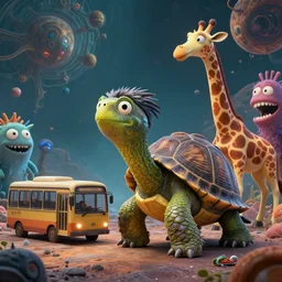 a strange bird turtle giraffe mr bean chimera creature with scales and feathers waiting for the bus with other monsters, on an alien planet, platonic forms, in the style of shaun tan, sam shearon, dr seuss, leng jun, close up, dream, beautiful, fantastic, wonderful, science fiction, dramatic lighting, fractal background, 3 d sculpture 8 k octane render