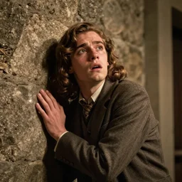 Still of a movie set in the 1930s where a terrified young man with long hair is backed up against a stone wall. He is looking utterly panicked and distressed
