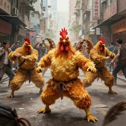 concept art of chicken dressed asian assassins gang in action killing people in the crowded streets of hong kong, chicken dressed men, highly detailed painting by craig mullins, 4 k resolution, trending on artstation, 8 k, man dressed as a chicken