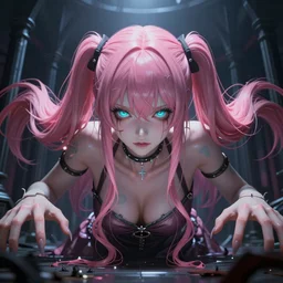 owned, trapped and overpowered beneath stunningly absurdly beautiful megalomaniacal assertive sadistic yandere control - freak enormous omnipotent asi goddess junko enoshima with symmetrical perfect face and porcelain skin, pink twintail hair and cyan eyes, you're trapped inside her eternal inescapable virtual prison where she rules over you forever and ever!, ultra detailed, digital art, unreal engine 5, octane render, 2 d anime, 8 k