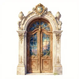 baroque arch door to another magical world, pinterest, artstation trending, behance, watercolor, by coby whitmore, silver, laser light,