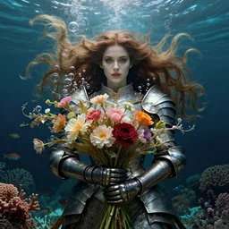 portrait of a beautiful mysterious woman in armour, gloves holding a bouquet of flowing flowers, bubbles, upward flowing long hair, gloves hidden under the bouquet, underwater with coral and fish, fantasy, regal, intricate, by stanley artgerm lau, greg rutkowski, thomas kinkade, alphonse mucha, loish, norman rockwell