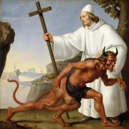 close up of priest with a cross chasing a devil. painting by gertrude abercrombie, fra angelico