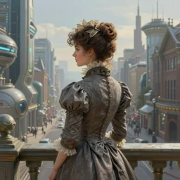 portrait of a victorian lady in a futuristic city, from behind, streets, beautiful, open sky, highly detailed, digital painting
