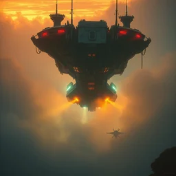 the cyberpunk spaceship emerges from the fog, weathered metal, neon lights, atmospheric lighting, golden hour, ultra detail, intricate painting by greg rutkowski, syd mead, john berkey, daytoner, ilya kuvshinov, ruan jia, tom bagshaw