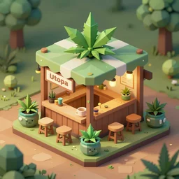 isometric cute cartoon of utopia weed cafe, a few cannabis leaf pots. by benoit mandelbrot, render pixar, low poly digital art artstation 🏝📦 video game still australian