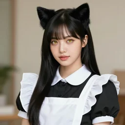 realistic beautiful gorgeous natural cute Blackpink Lalisa Manoban black hair cute black cat ears in maid dress outfit golden eyes artwork drawn full HD 4K highest quality in artstyle by professional artists WLOP, Taejune Kim, Guweiz, ArtGerm on Artstation Pixiv