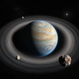 an alien planet with an asteroid belt surrounding it